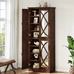 Best Tribesigns 68" Bookcase, Storage Cabinet Pantry Cabinet With 4 Mirrored Doors
