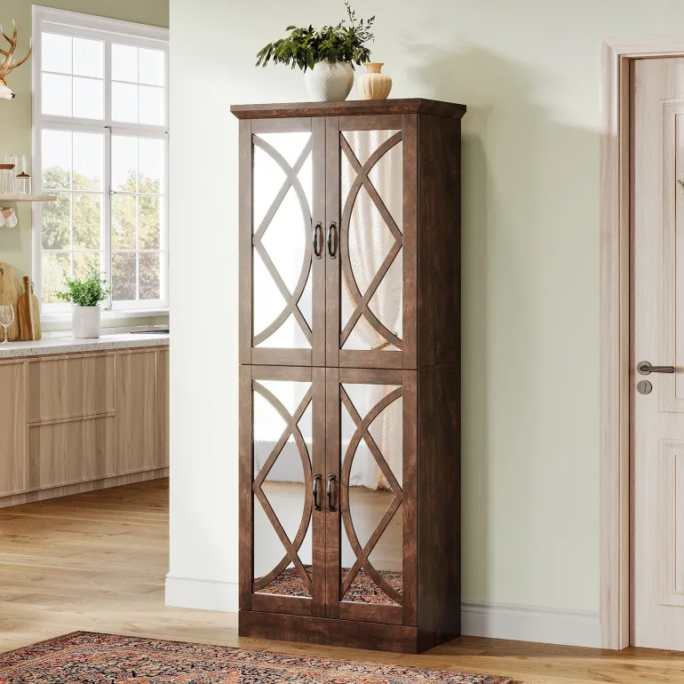 Best Tribesigns 68" Bookcase, Storage Cabinet Pantry Cabinet With 4 Mirrored Doors