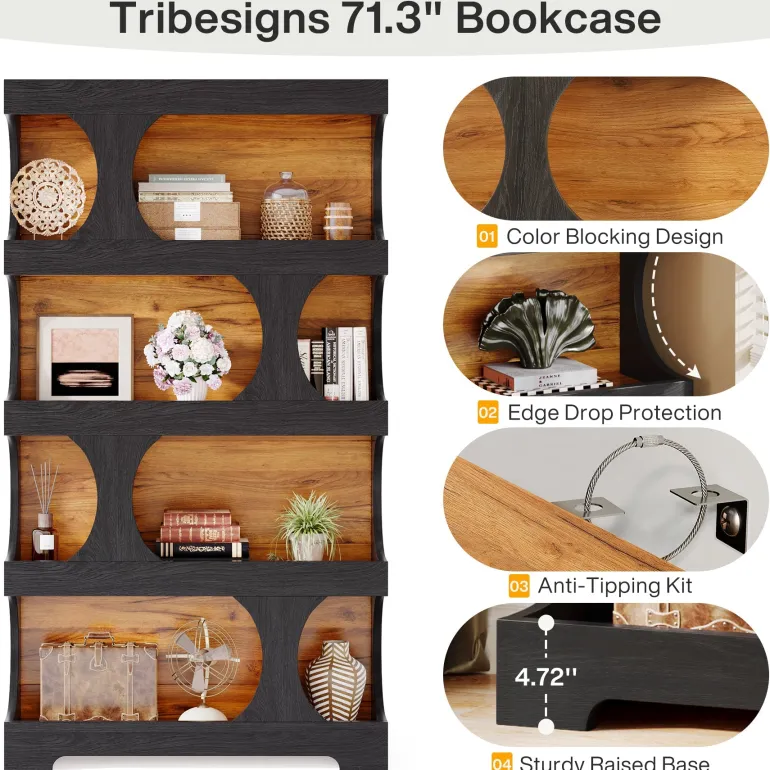 New Tribesigns 71" Bookshelf, 4 - Tier S - Shaped Bookcase Freestanding Display Shelves