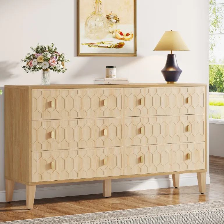 Store Tribesigns 55" Chest of Drawer, Wood 6 - drawer Double Dresser Organizer