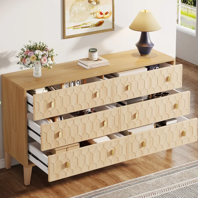 Store Tribesigns 55" Chest of Drawer, Wood 6 - drawer Double Dresser Organizer