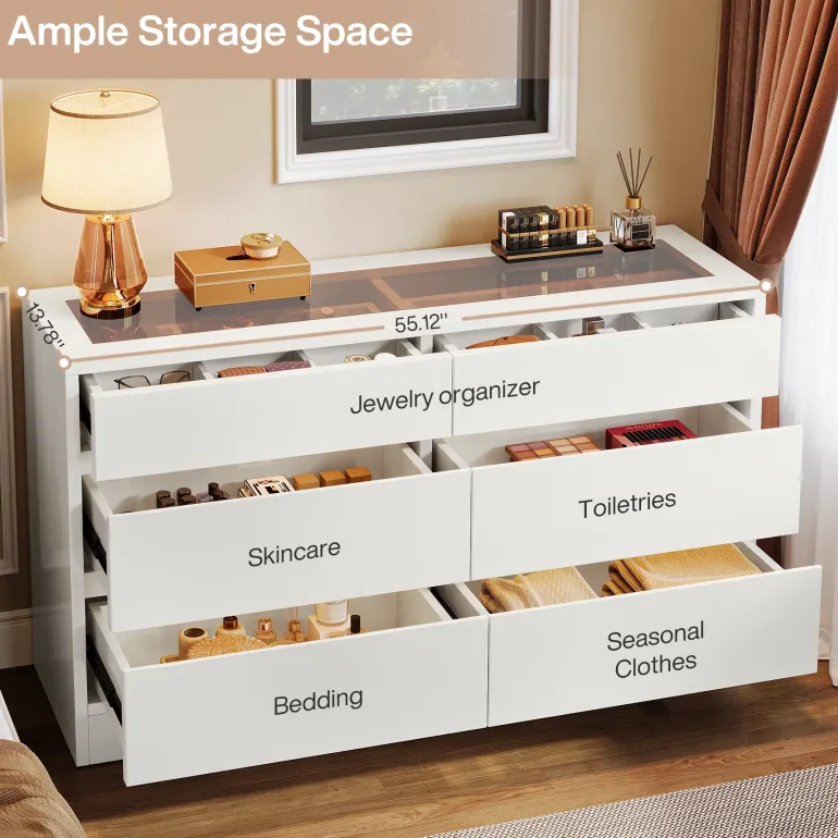 Hot Tribesigns 55" Chest of Dresser, 6 Drawer Dresser Organizer with Glass Top