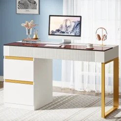 Clearance Tribesigns 47.24" Computer Desk, 4-Drawer Writing Desk with Glass Top