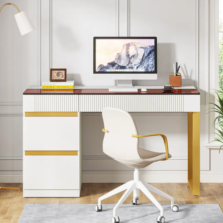Clearance Tribesigns 47.24" Computer Desk, 4-Drawer Writing Desk with Glass Top