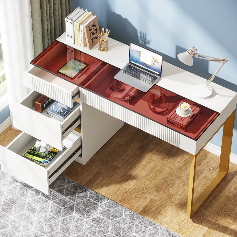 Clearance Tribesigns 47.24" Computer Desk, 4-Drawer Writing Desk with Glass Top