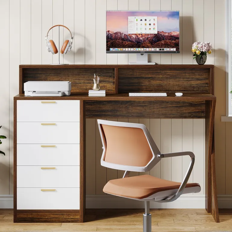 Shop Tribesigns 47" Computer Desk, Home Office Desk with Monitor Stand and 5 Drawers
