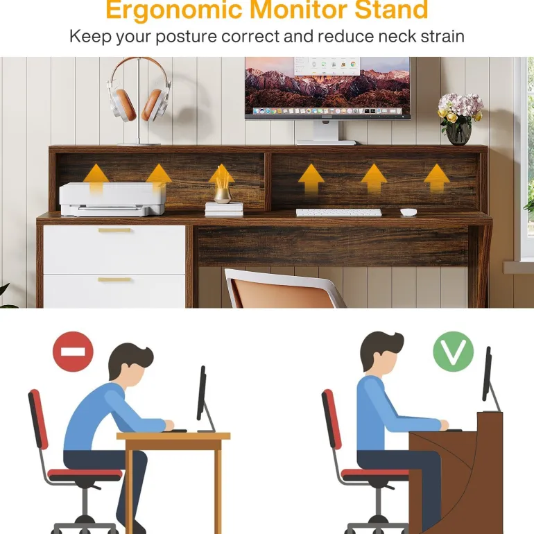 Shop Tribesigns 47" Computer Desk, Home Office Desk with Monitor Stand and 5 Drawers