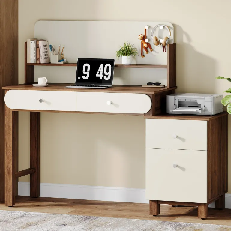Cheap Tribesigns 56" Computer Desk, Home Office Desk Study Table with File Drawers