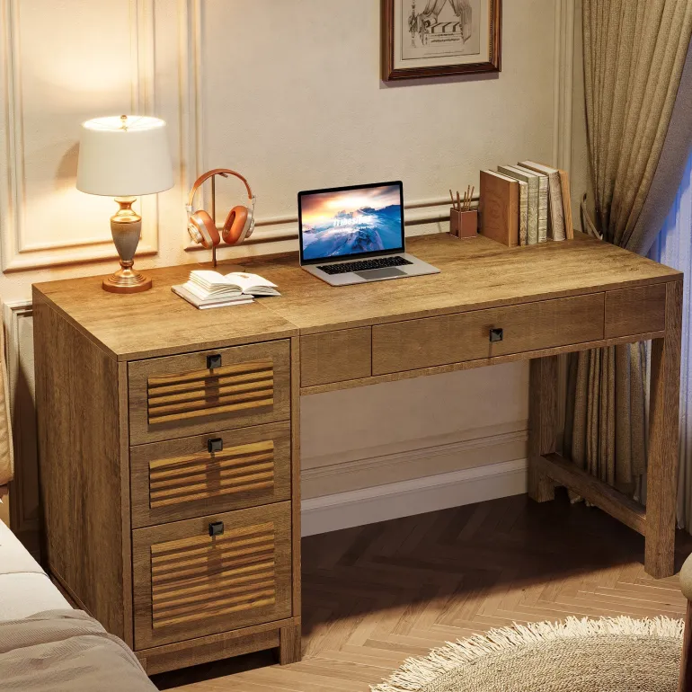 Shop Tribesigns 55" Computer Desk, Home Office Desk Writing Table with 4 File Storage Drawers