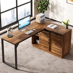 Shop Tribesigns 55" Computer Desk, L - Shaped Corner Desk Office Desk with File Drawers