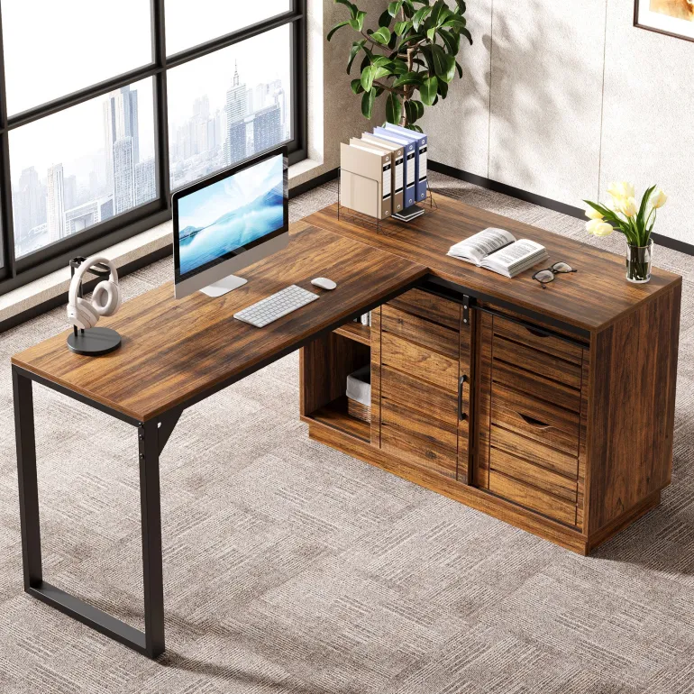 Shop Tribesigns 55" Computer Desk, L - Shaped Corner Desk Office Desk with File Drawers