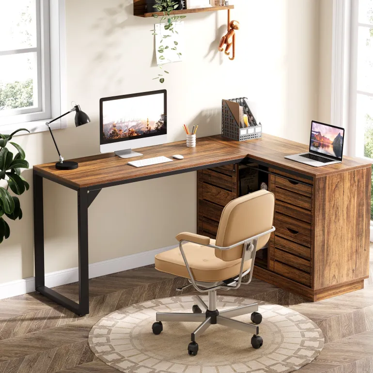 Shop Tribesigns 55" Computer Desk, L - Shaped Corner Desk Office Desk with File Drawers