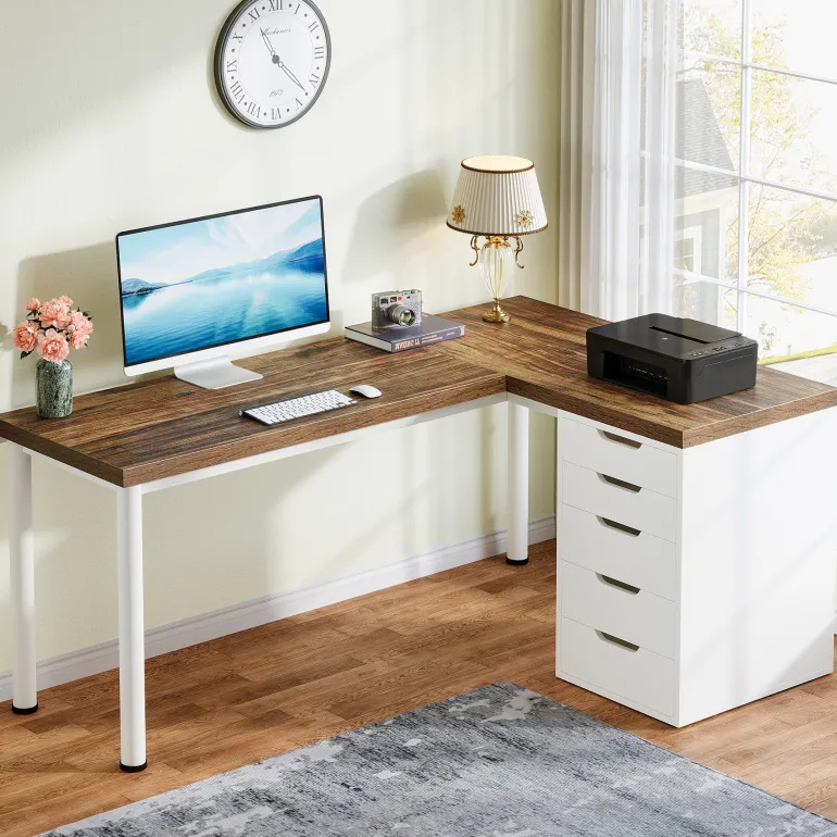 Sale Tribesigns 55" Computer Desk, L - Shaped Corner Desk Office Desk with 5 Drawers
