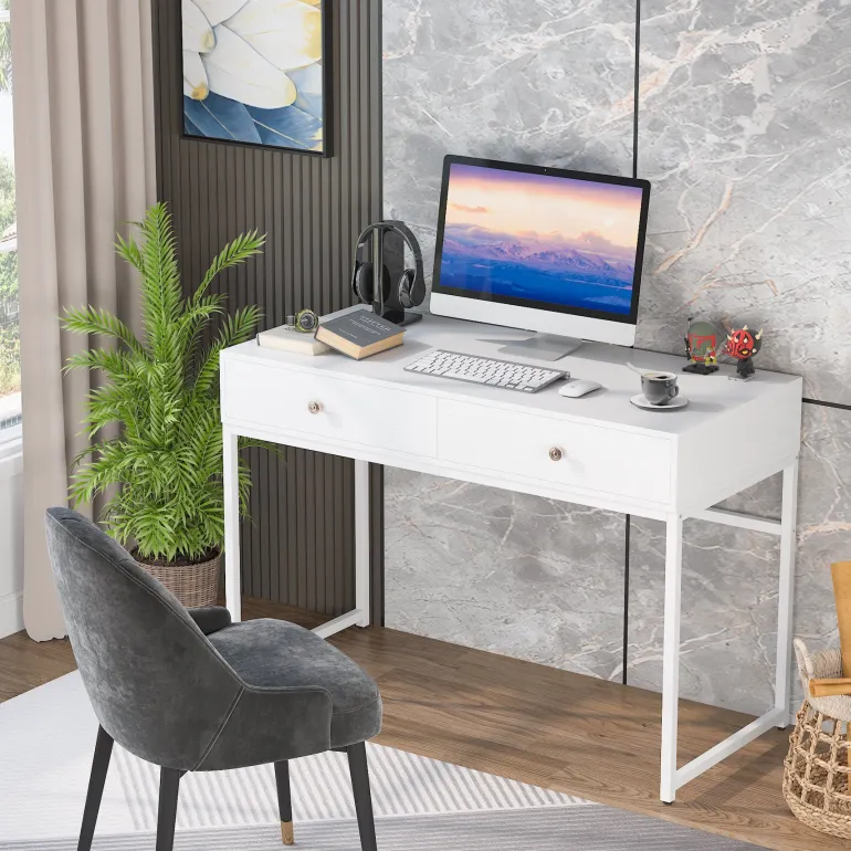 Discount Tribesigns 47" Computer Desk, Modern Writing Desk with 2 Drawers