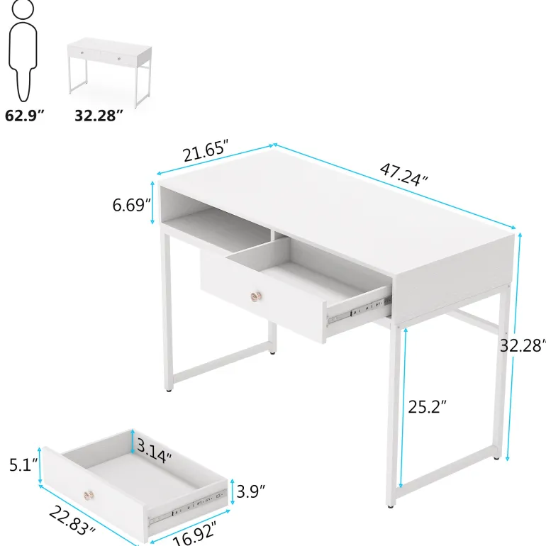 Discount Tribesigns 47" Computer Desk, Modern Writing Desk with 2 Drawers