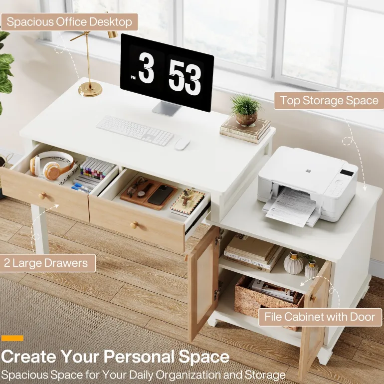 Shop Tribesigns 63" Computer Desk, Reversible Office Desk with Storage Cabinet