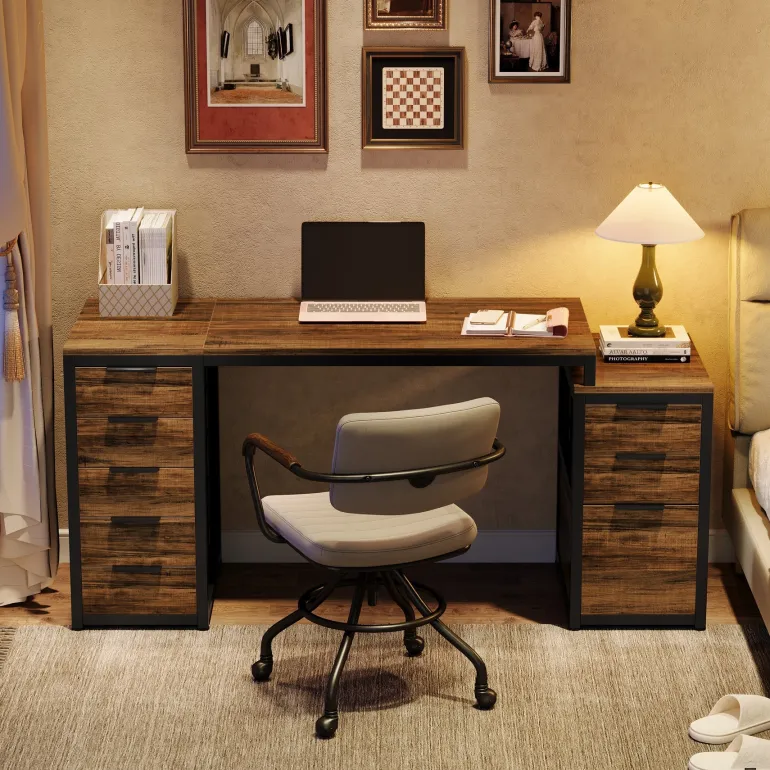 Online Tribesigns 63" Computer Desk, Study Writing Table with File Cabinet and Storage Drawers
