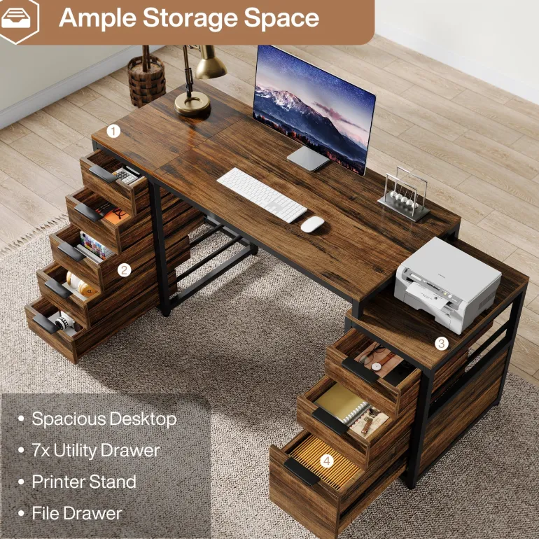 Online Tribesigns 63" Computer Desk, Study Writing Table with File Cabinet and Storage Drawers