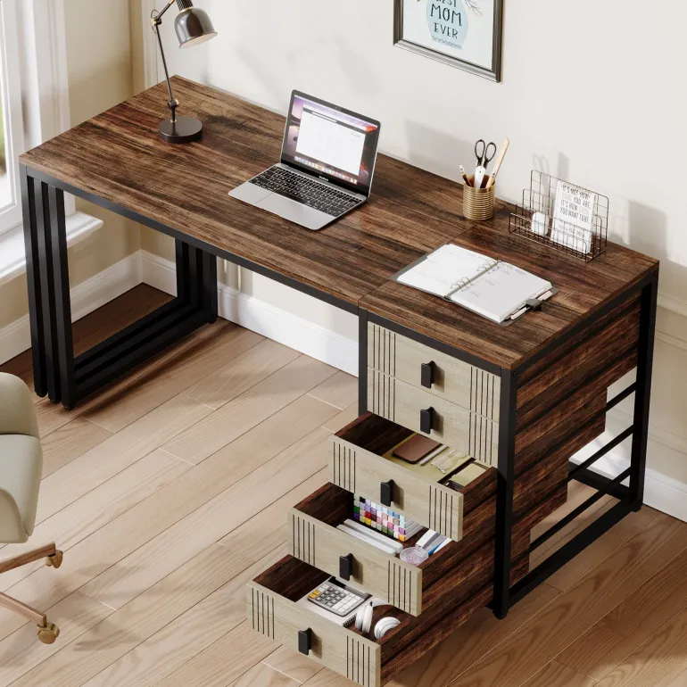 Cheap Tribesigns 55" Computer Desk, Wood Office Desk with Reversible Drawer