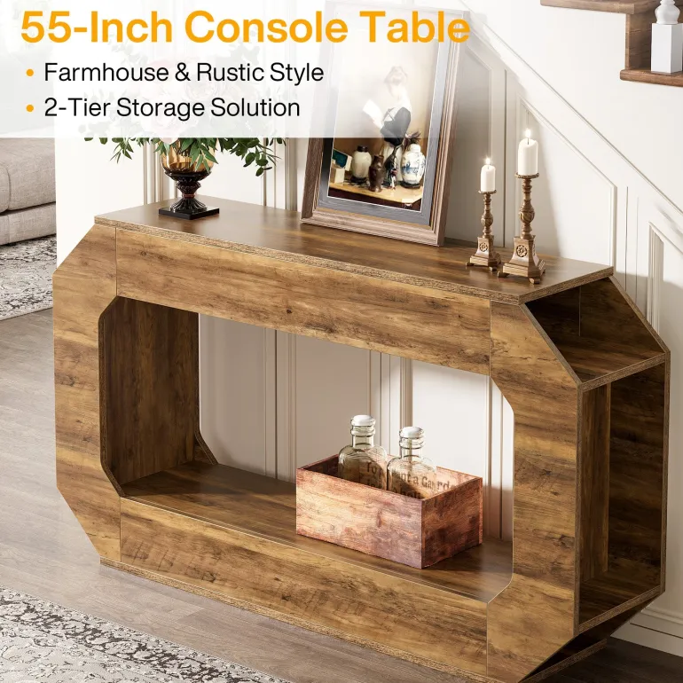 Hot Tribesigns 55" Console Table, 2 - Tier Farmhouse Entryway Table Sofa Table with Storage