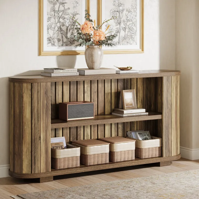 Hot Tribesigns 63" Console Table, 3 - Tier Farmhouse Entryway Table Sofa Table with Storage Shelves