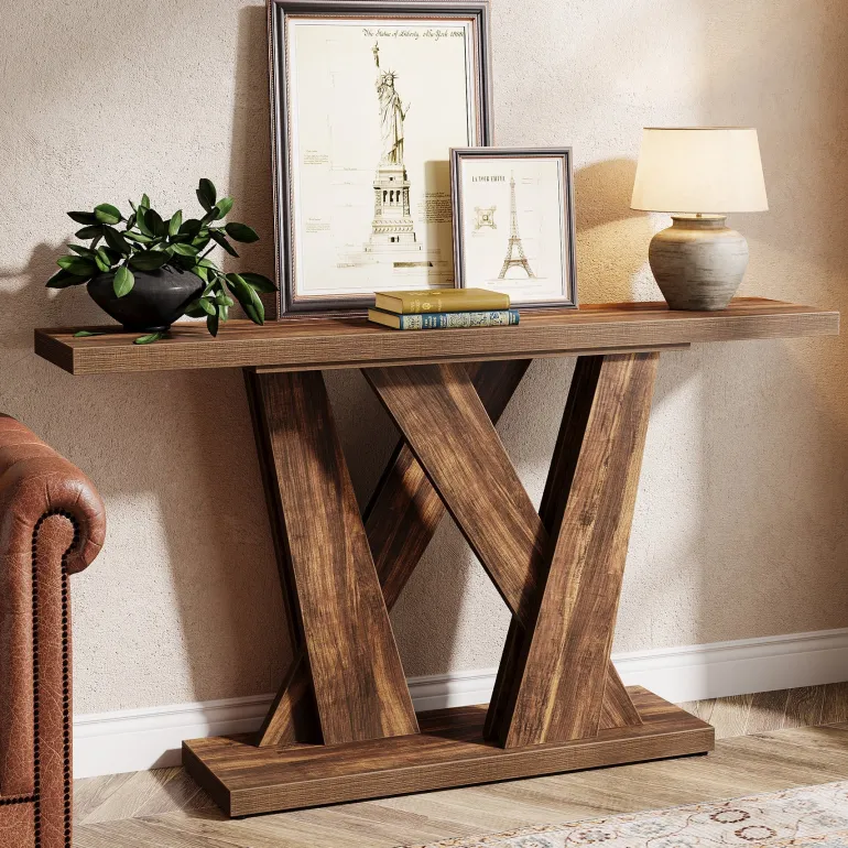 Outlet Tribesigns 55" Console Table, Farmhouse Entryway Table With Geometric Base