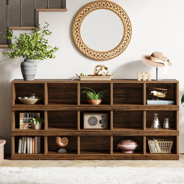 Fashion Tribesigns 63" Console Table, Farmhouse 4 - Tier Sofa Table with 15 Storage Cubes