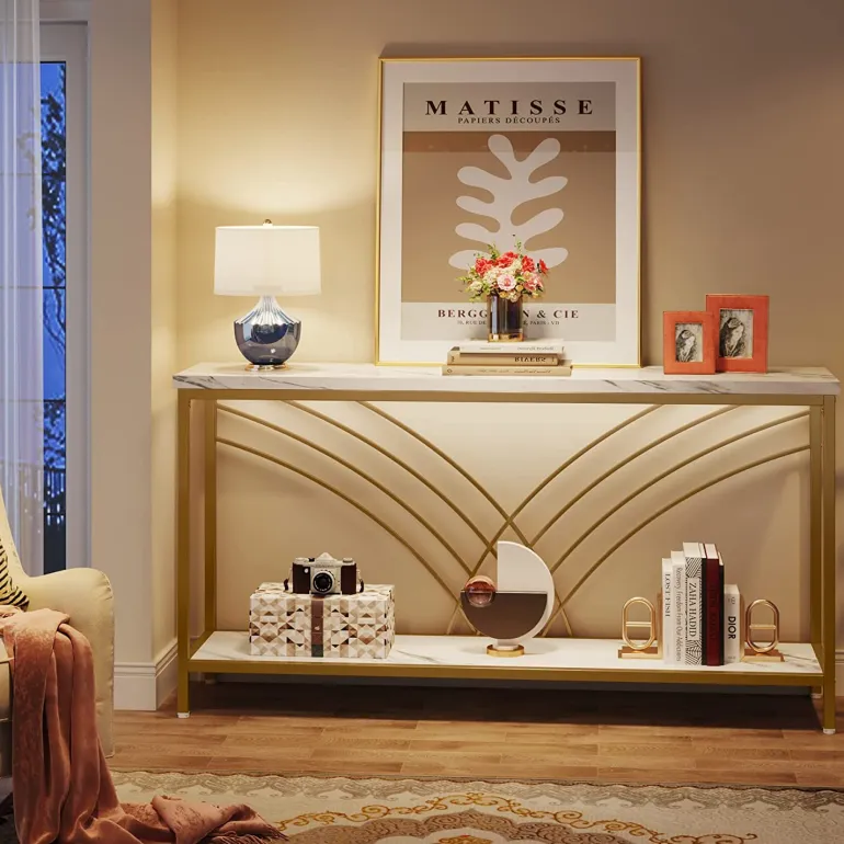 Hot Tribesigns 70.9" Console Table, Faux Marble Entryway Table with 2 Tier Storage Shelf