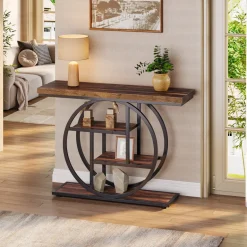 Discount Tribesigns 41.3" Console Table, Industrial 4 - Tier Sofa Entryway Table with Circle Base