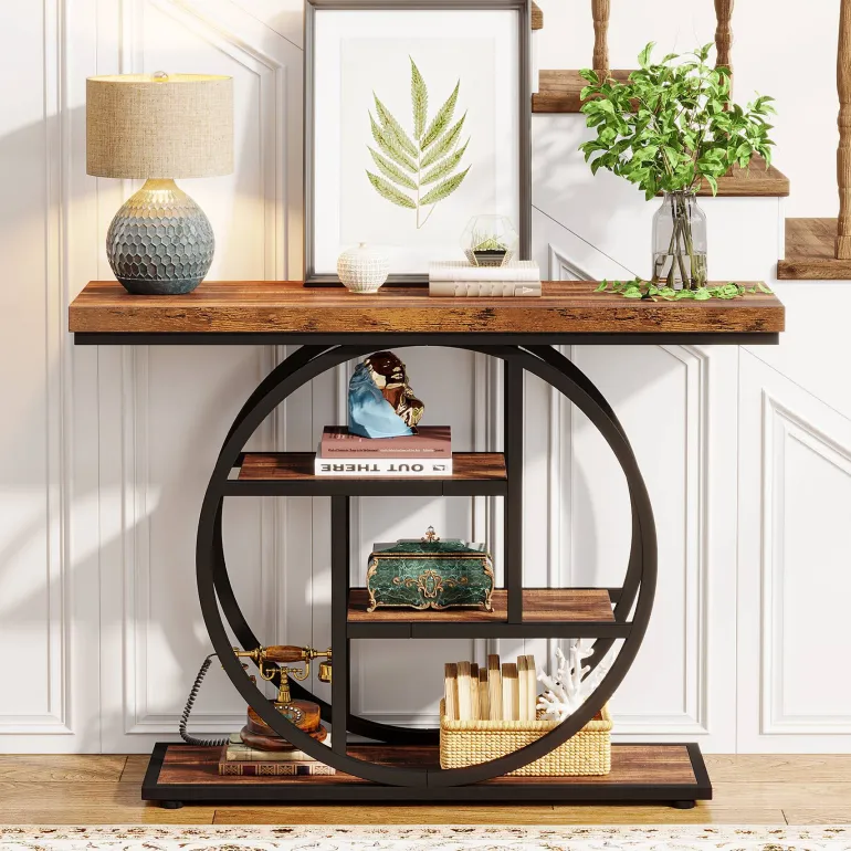 Discount Tribesigns 41.3" Console Table, Industrial 4 - Tier Sofa Entryway Table with Circle Base