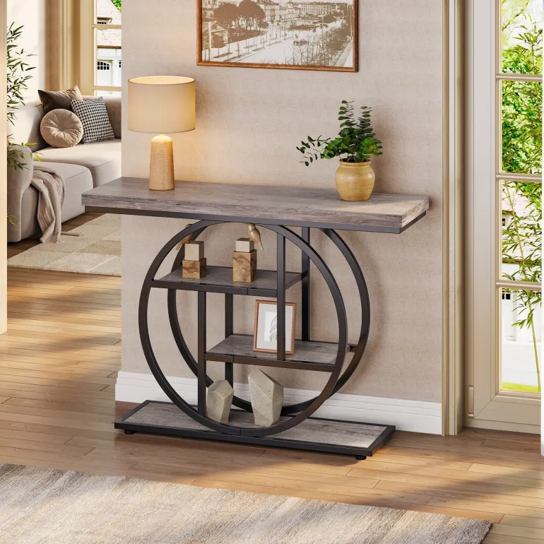 Discount Tribesigns 41.3" Console Table, Industrial 4 - Tier Sofa Entryway Table with Circle Base