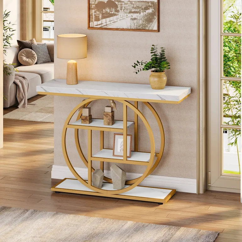 Discount Tribesigns 41.3" Console Table, Industrial 4 - Tier Sofa Entryway Table with Circle Base