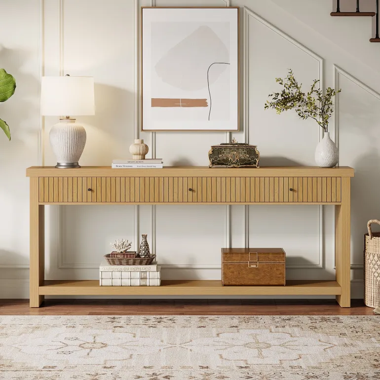 Fashion Tribesigns 70.9" Console Table, Long Wood Sofa Table with 3 Drawers