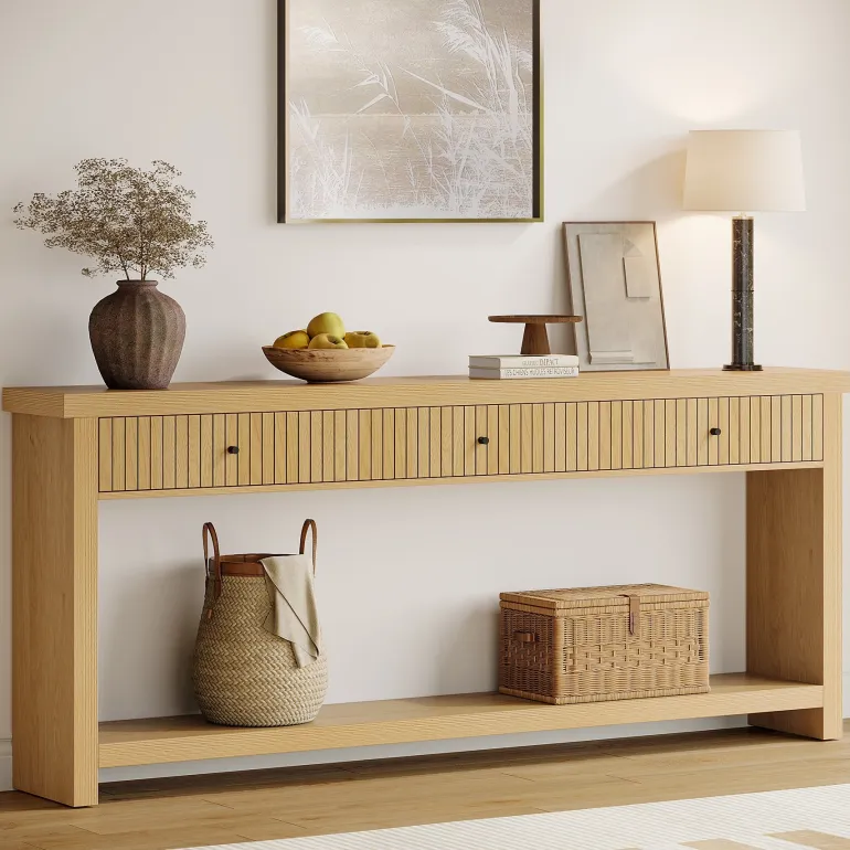 Fashion Tribesigns 70.9" Console Table, Long Wood Sofa Table with 3 Drawers