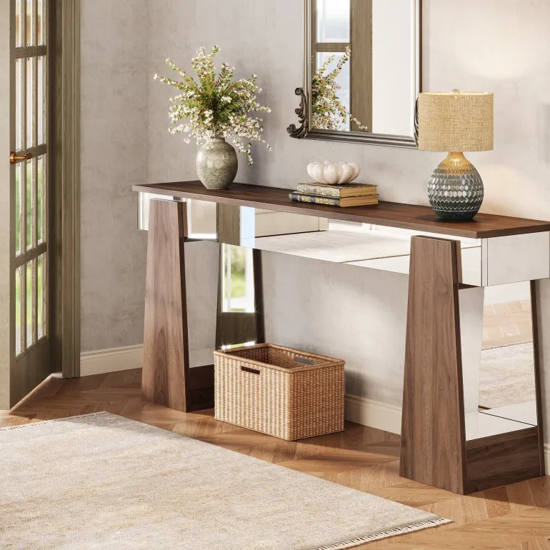 Online Tribesigns 63" Console Table, Mirrored Entrance Table with Thickened Legs