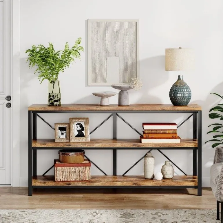 Store Tribesigns 55" Console Table, Sofa Table TV Stand with 3-Tier Storage Shelves