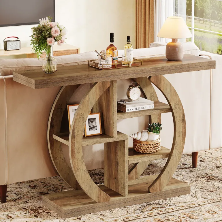 Cheap Tribesigns 42.5" Console Table, Wood 5 - Tier Sofa Entryway Table with Geometric Base