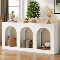 Cheap Tribesigns 70.8" Console Table, Wood Entryway Entry Table with 3 Arched Shelves