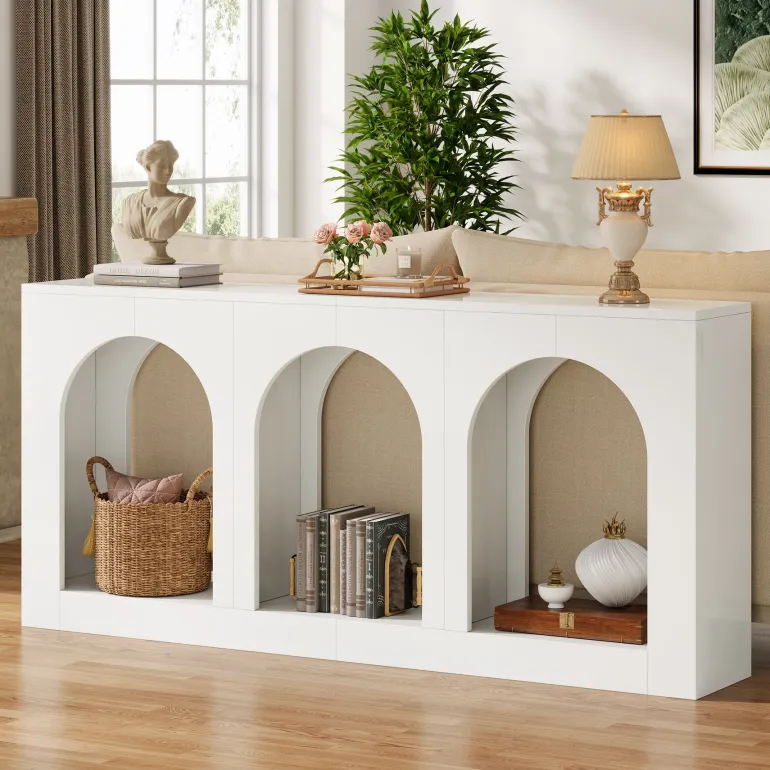 Cheap Tribesigns 70.8" Console Table, Wood Entryway Entry Table with 3 Arched Shelves