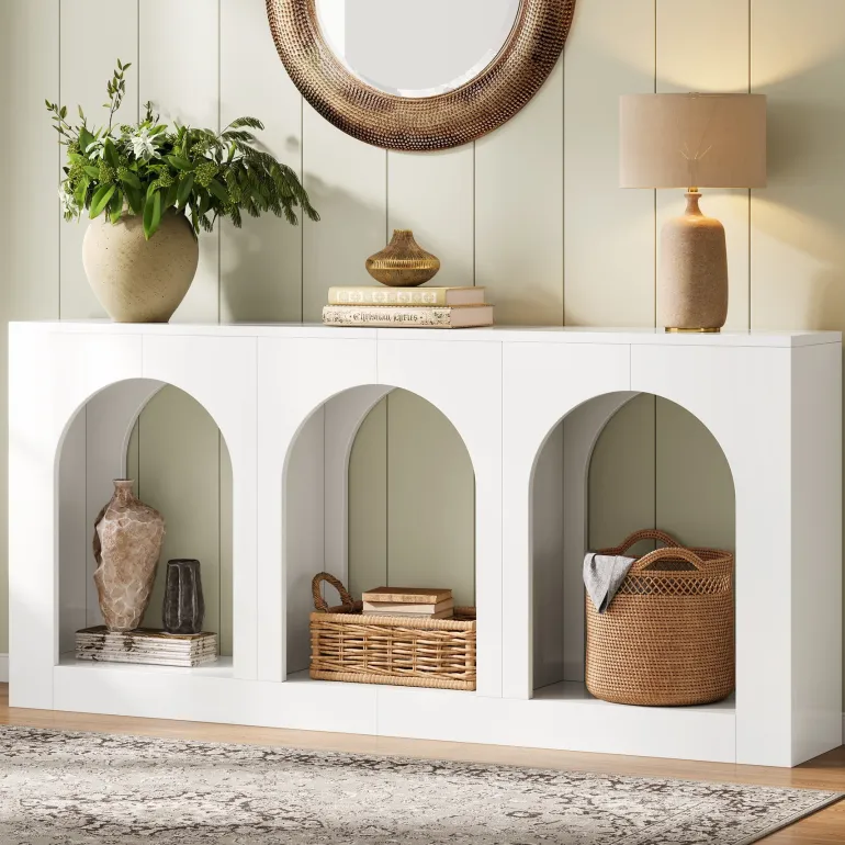 Cheap Tribesigns 70.8" Console Table, Wood Entryway Entry Table with 3 Arched Shelves