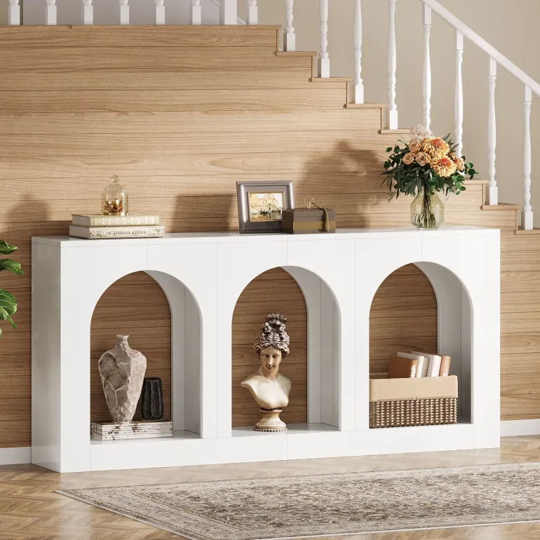 Cheap Tribesigns 70.8" Console Table, Wood Entryway Entry Table with 3 Arched Shelves