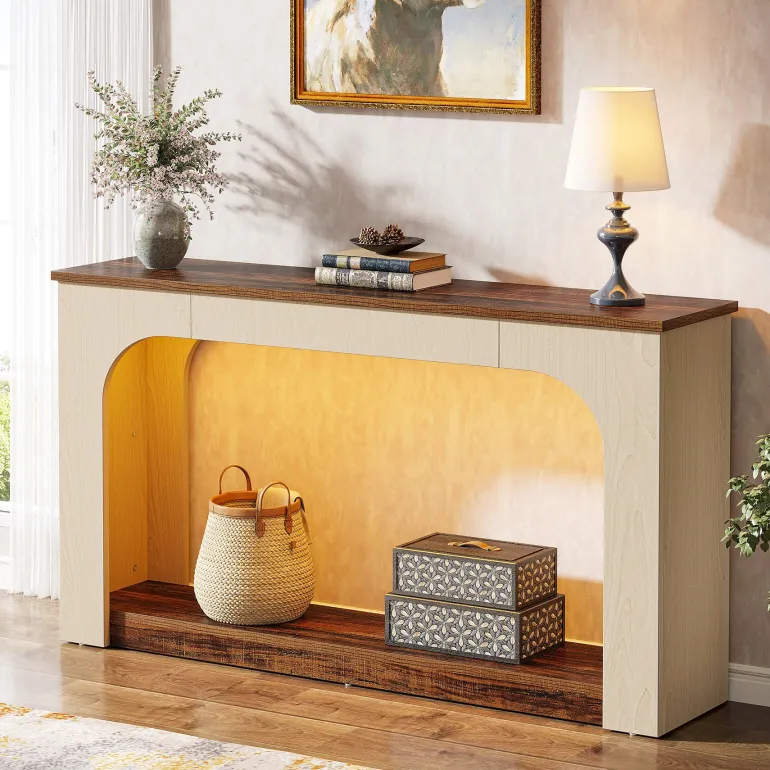 Best Sale Tribesigns 55" Console Table, Wood Farmhouse 2-Tier Sofa Table with LED Lights