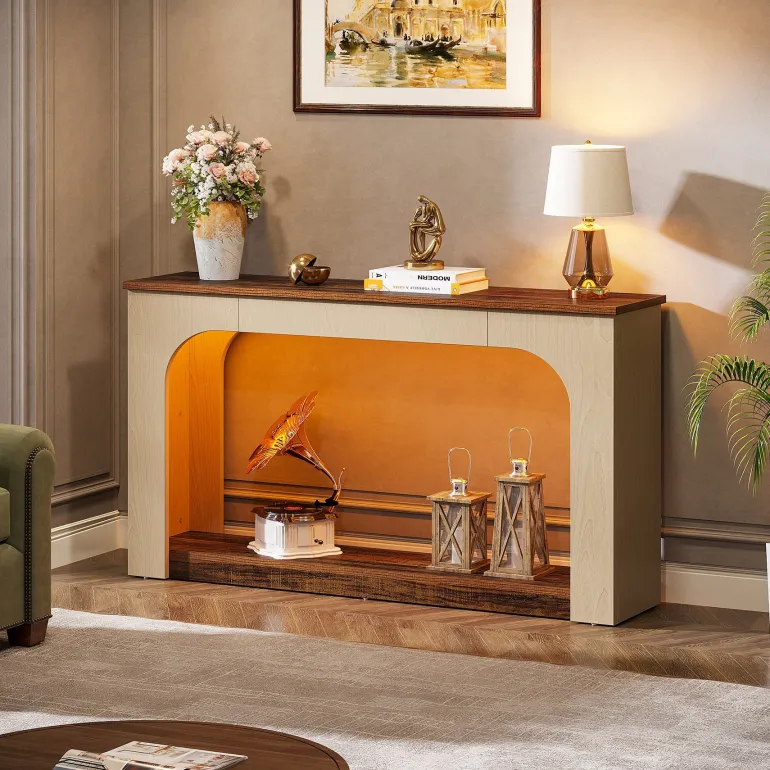 Best Sale Tribesigns 55" Console Table, Wood Farmhouse 2-Tier Sofa Table with LED Lights