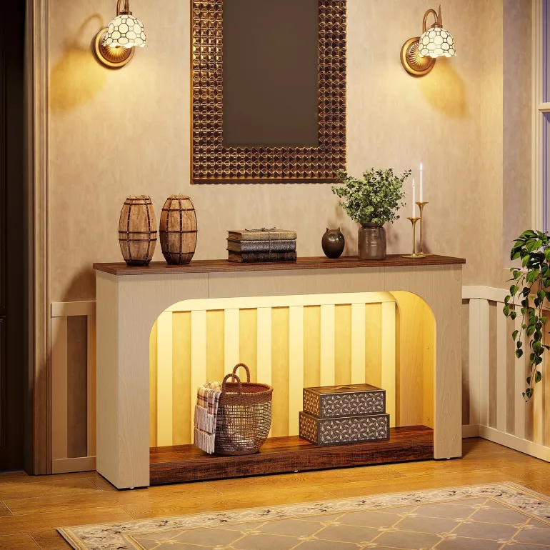 Best Sale Tribesigns 55" Console Table, Wood Farmhouse 2-Tier Sofa Table with LED Lights
