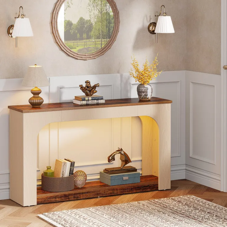 Best Sale Tribesigns 55" Console Table, Wood Farmhouse 2-Tier Sofa Table with LED Lights