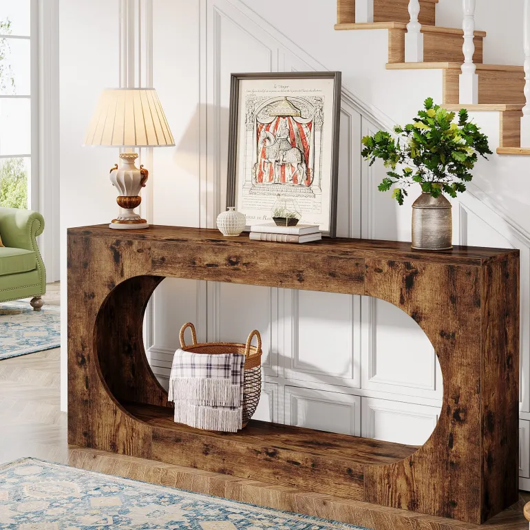 New Tribesigns 63" Console Table, Wood Sofa Table Behind Couch with 2 - Tier Storage Shelf