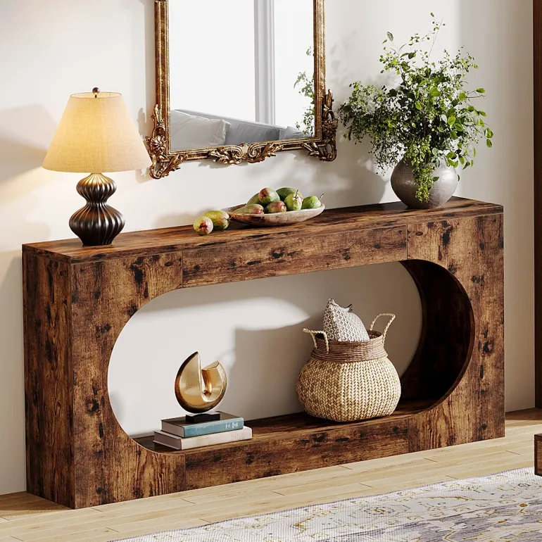 New Tribesigns 63" Console Table, Wood Sofa Table Behind Couch with 2 - Tier Storage Shelf
