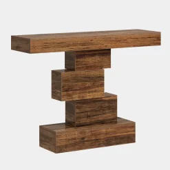 Online Tribesigns 42" Console Table, Wood Sofa Table Accent Table with Geometric Base
