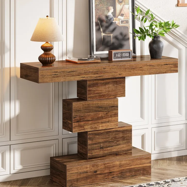 Online Tribesigns 42" Console Table, Wood Sofa Table Accent Table with Geometric Base