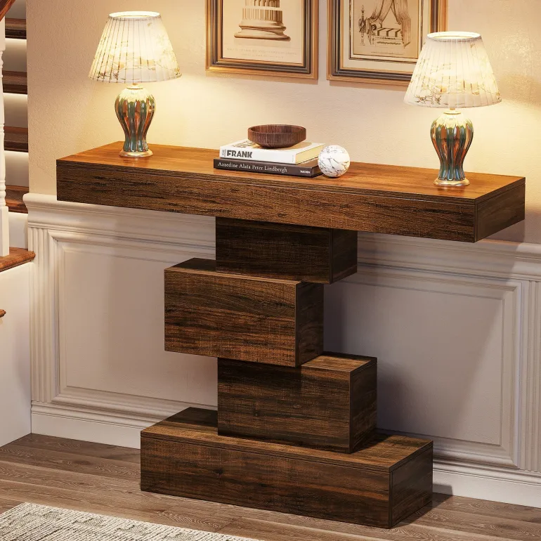 Online Tribesigns 42" Console Table, Wood Sofa Table Accent Table with Geometric Base